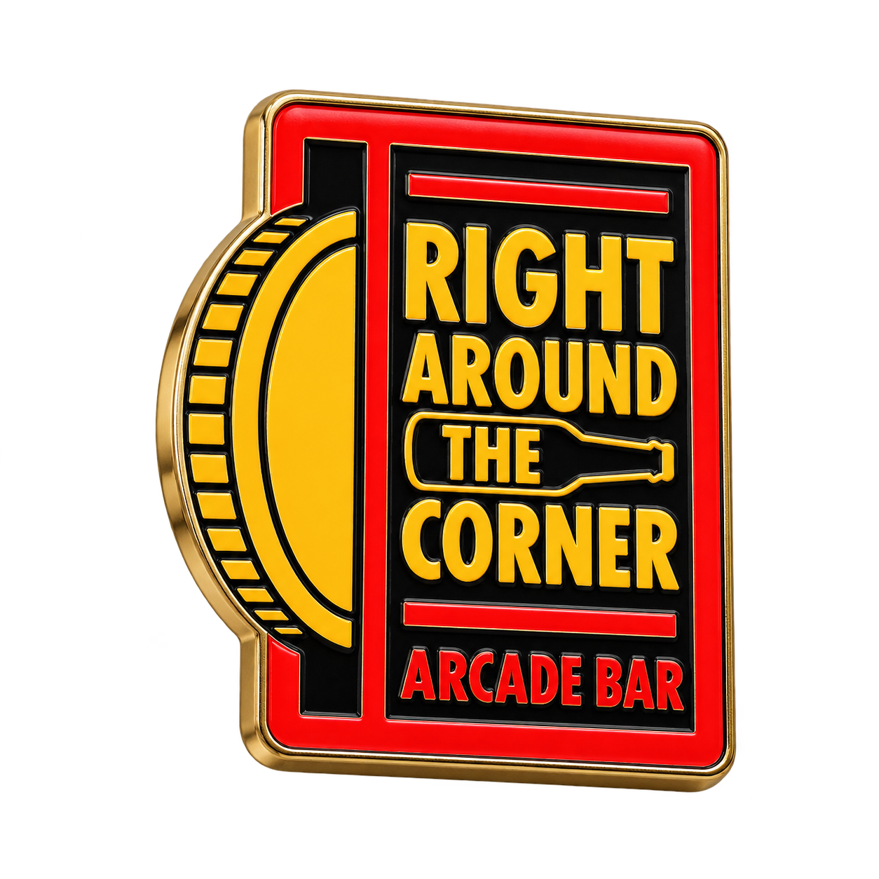 Design preview: Enamel pin in the shape of the RATC arcade bar logo