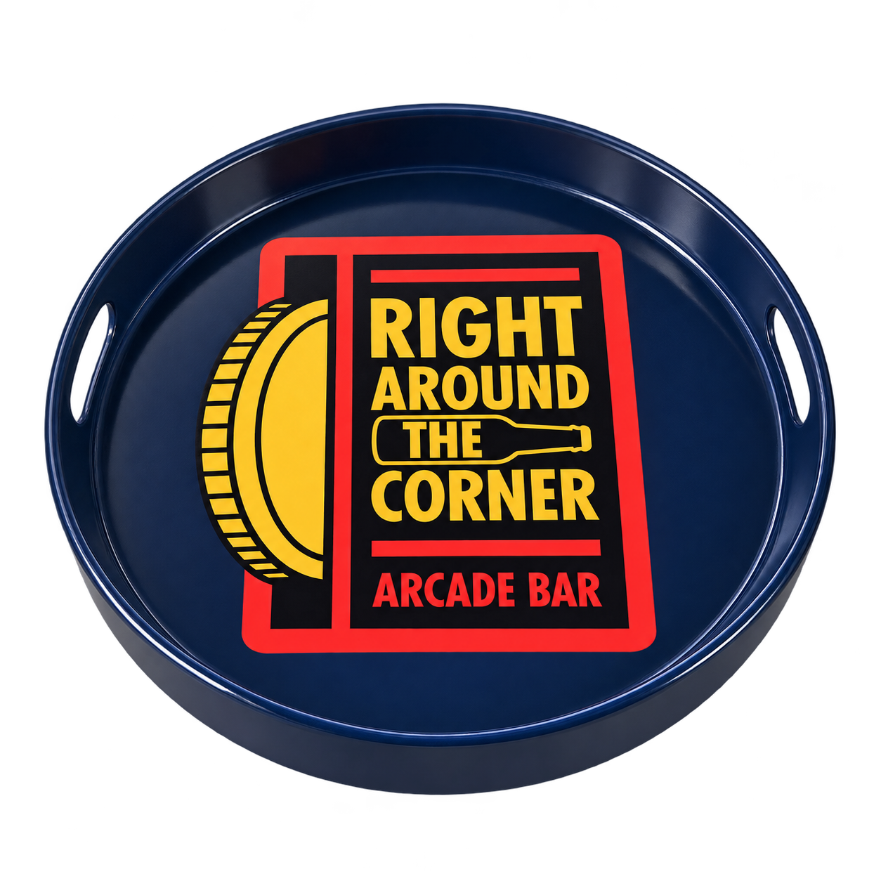 Design preview: Round navy serving tray with the RATC logo in its center