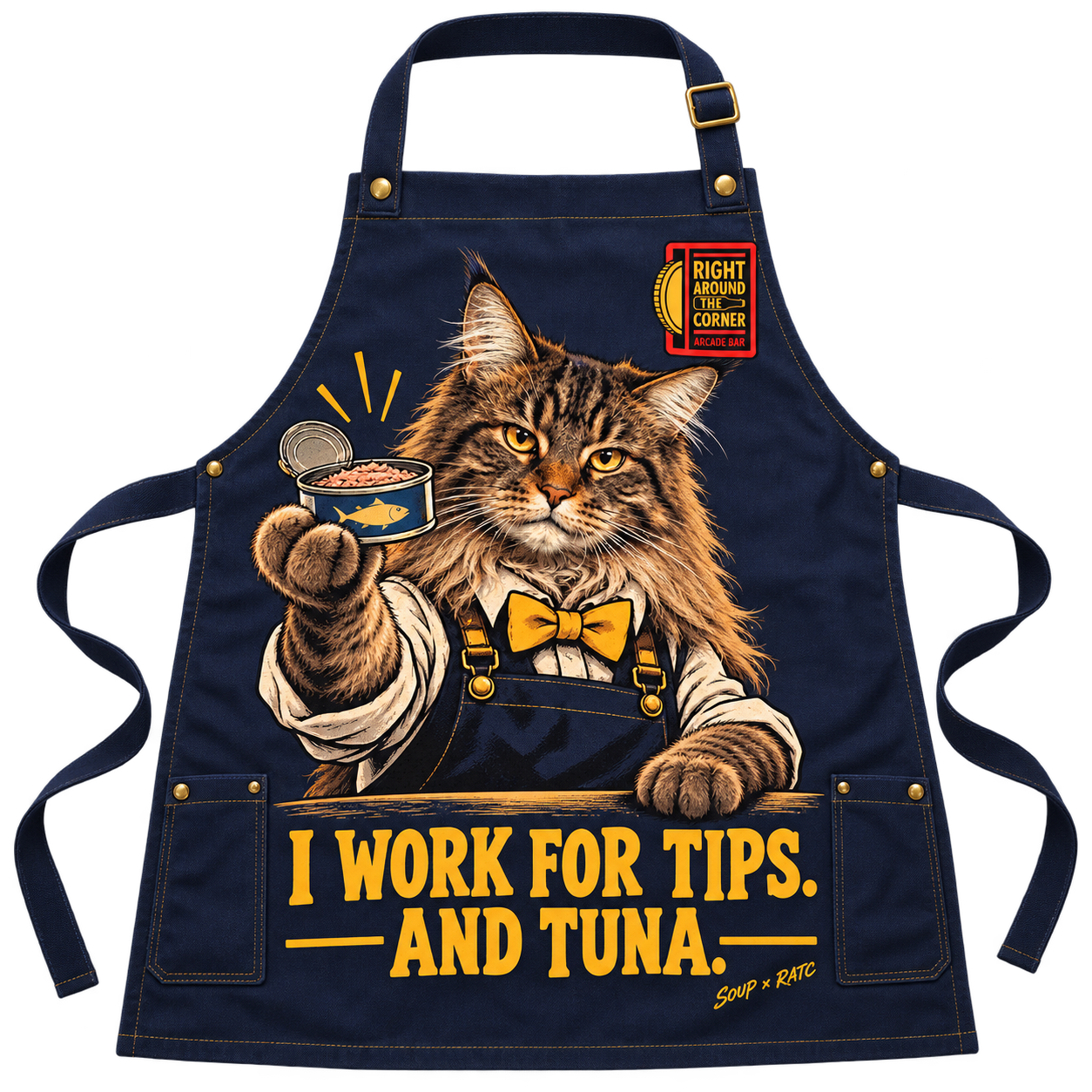 Design preview: Navy apron featuring Soup as a bartender with a tuna tin
