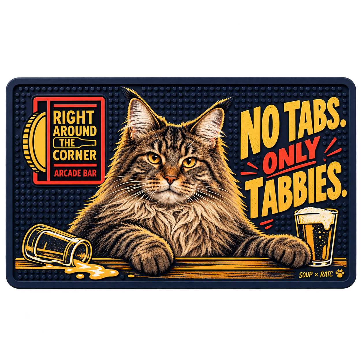 Design preview: Navy bar mat featuring Soup guarding the bar
