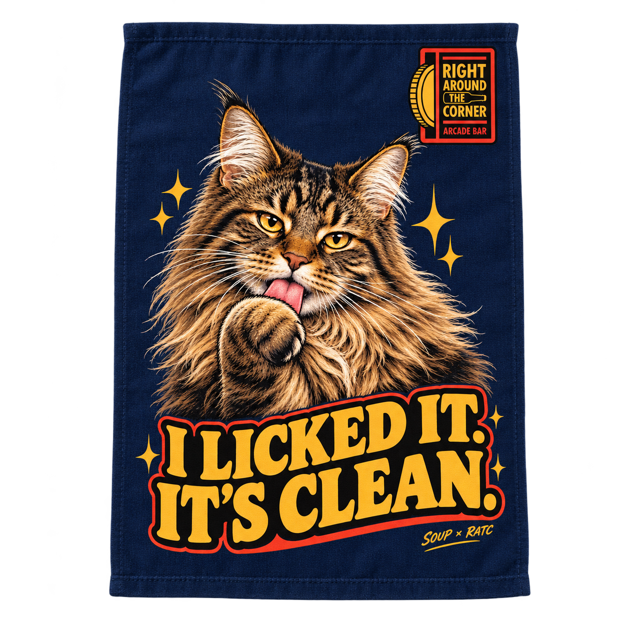 Design preview: Navy bar towel featuring Soup licking a paw